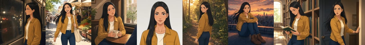 The same eight scenes generated from a reference sheet built from a written description. One consistent woman appears throughout, with straight black hair, a mustard jacket and blue jeans — details the sheet settled on and then kept in every scene.