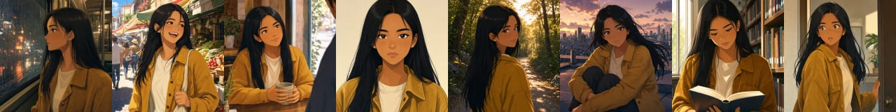The same eight scenes generated with no reference sheet, the description re-sent each time: eight visibly different women, each wearing the mustard jacket and cream t-shirt the description specified, with face shape, jaw, nose and skin tone changing from scene to scene.