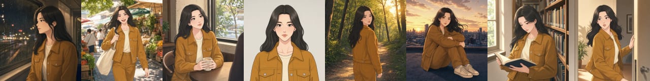 Eight scenes generated from a reference sheet built from a photograph. The same woman appears in every one, keeping the beauty mark below her left eye, her pearl stud earrings and her tan jacket and trousers across a night train, a market, a cafe, a studio portrait, a forest path, a rooftop, a library and a doorway.