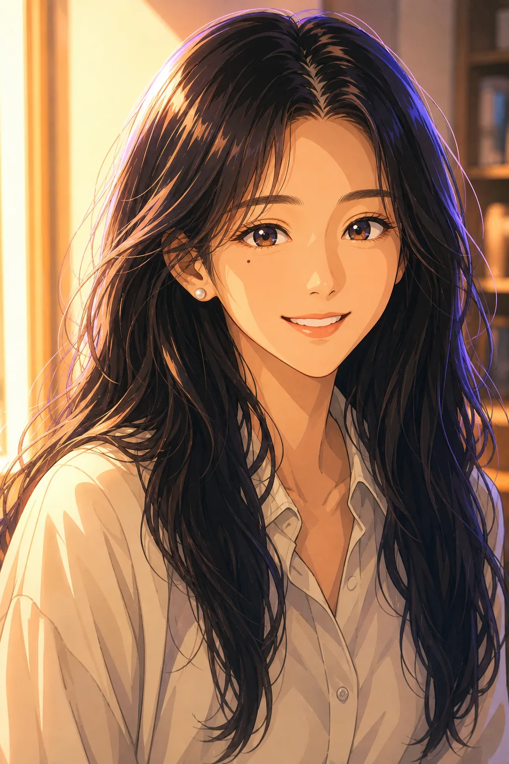 Retrato anime de la misma mujer sonriendo, con luz cálida de interior