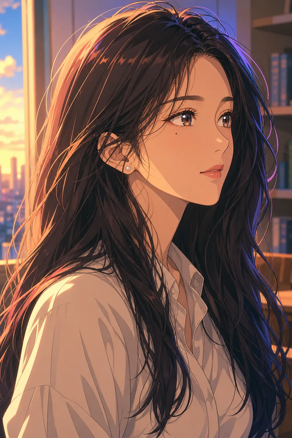 Anime portrait of the same woman in profile, looking away from the camera