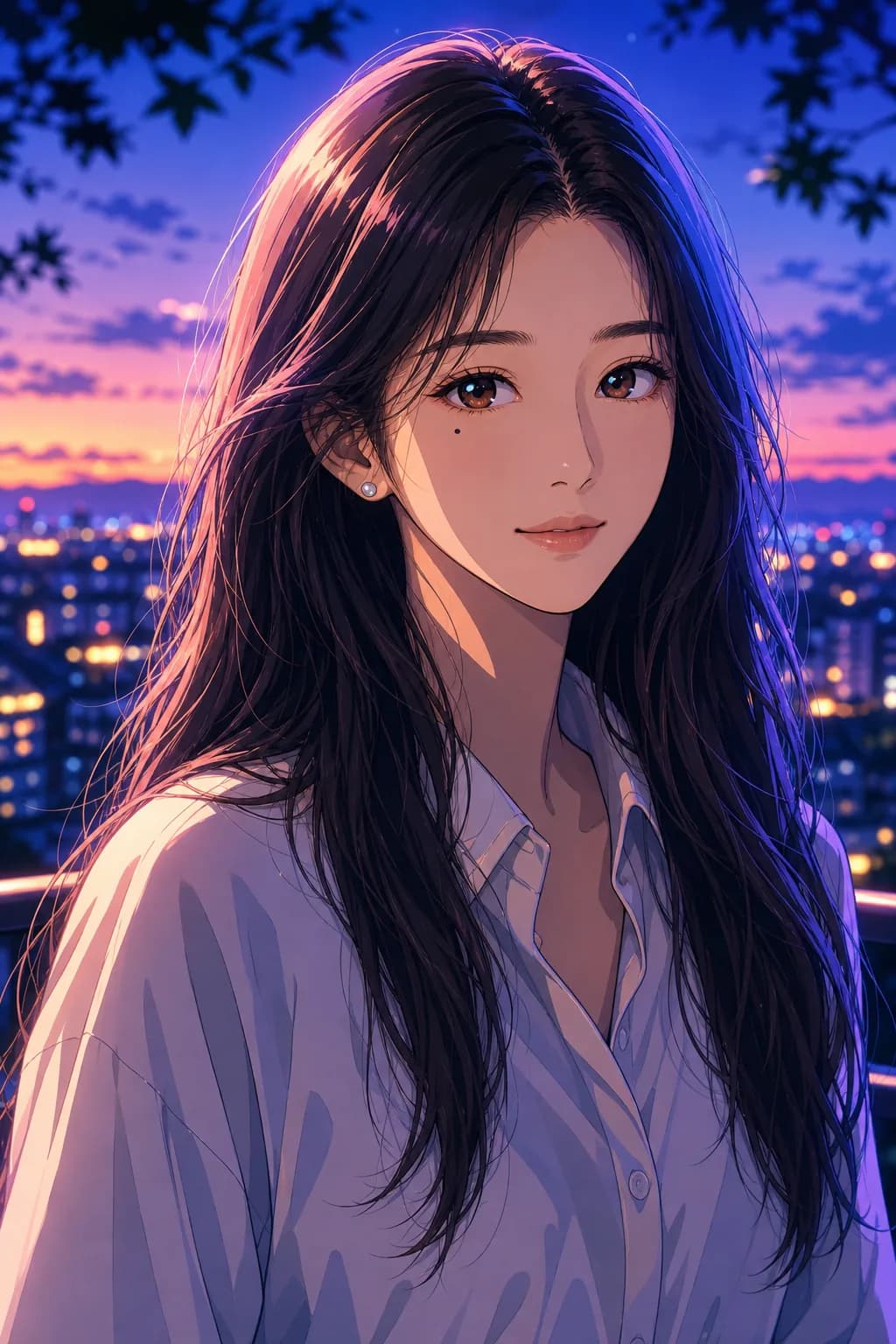 Anime portrait of the same woman outdoors at dusk, cooler light