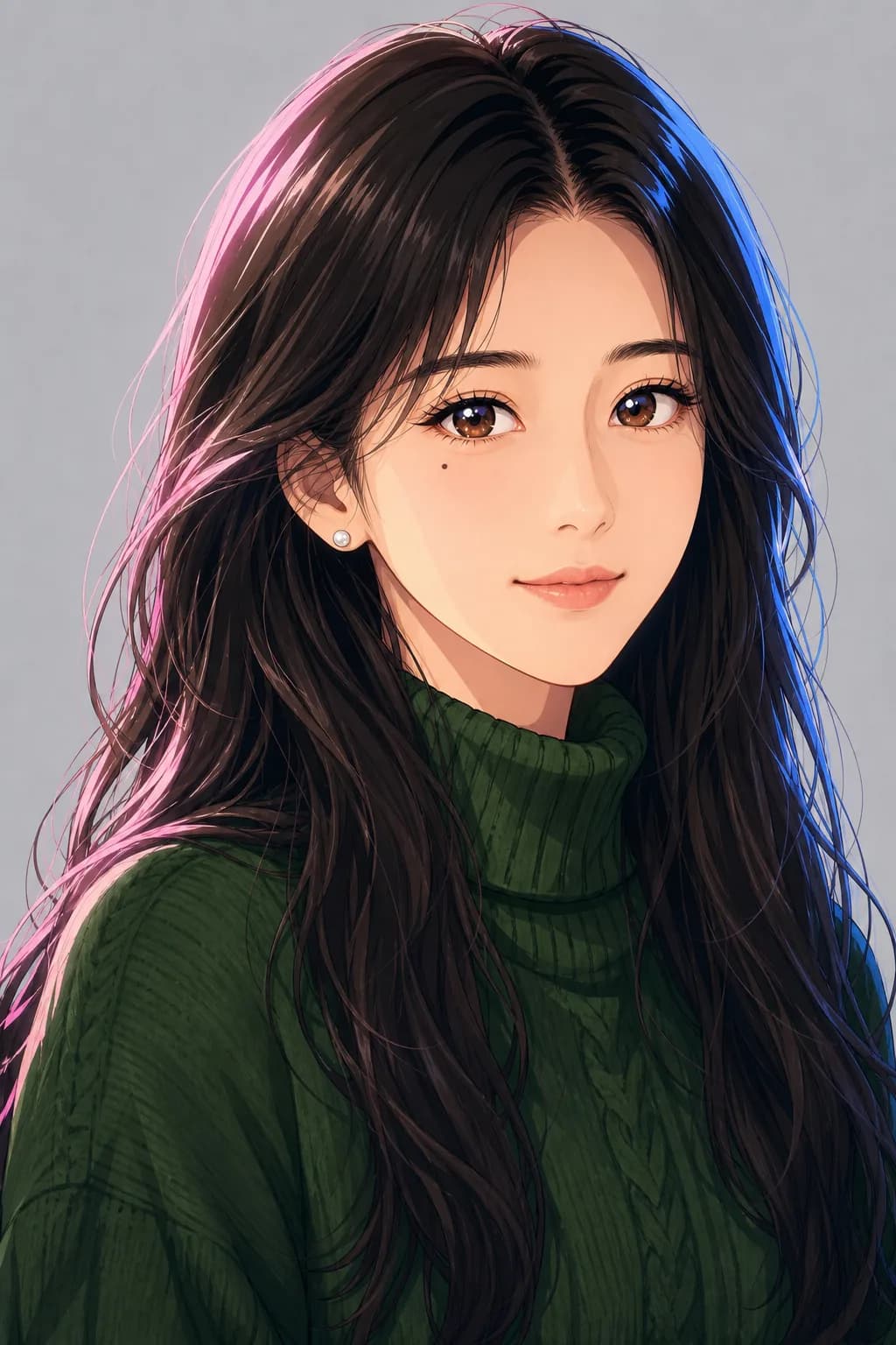 Anime portrait of the same woman in a different outfit, neutral background