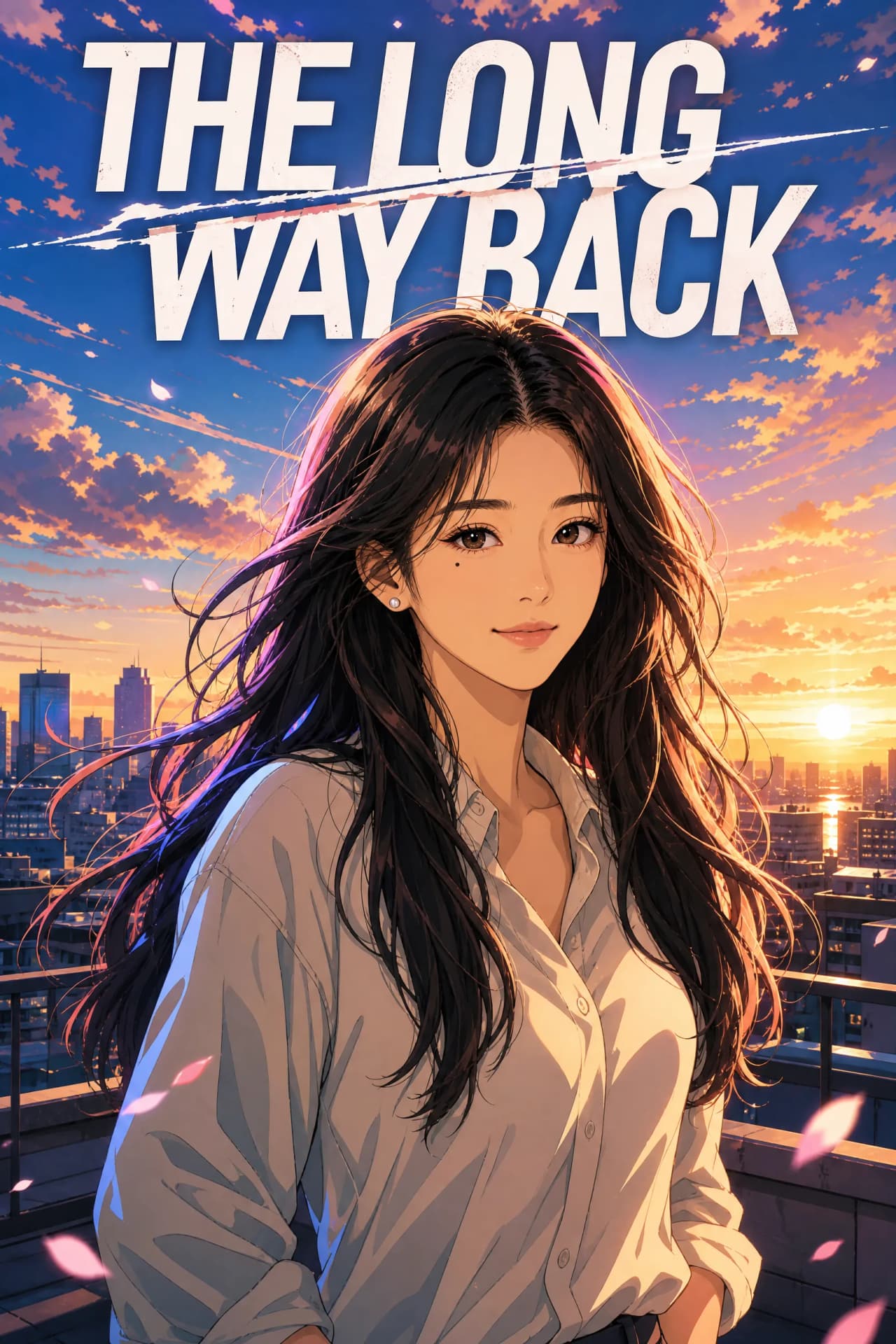 La misma mujer en una azotea al atardecer, con el viento en el pelo, bajo el título de portada The Long Way Back