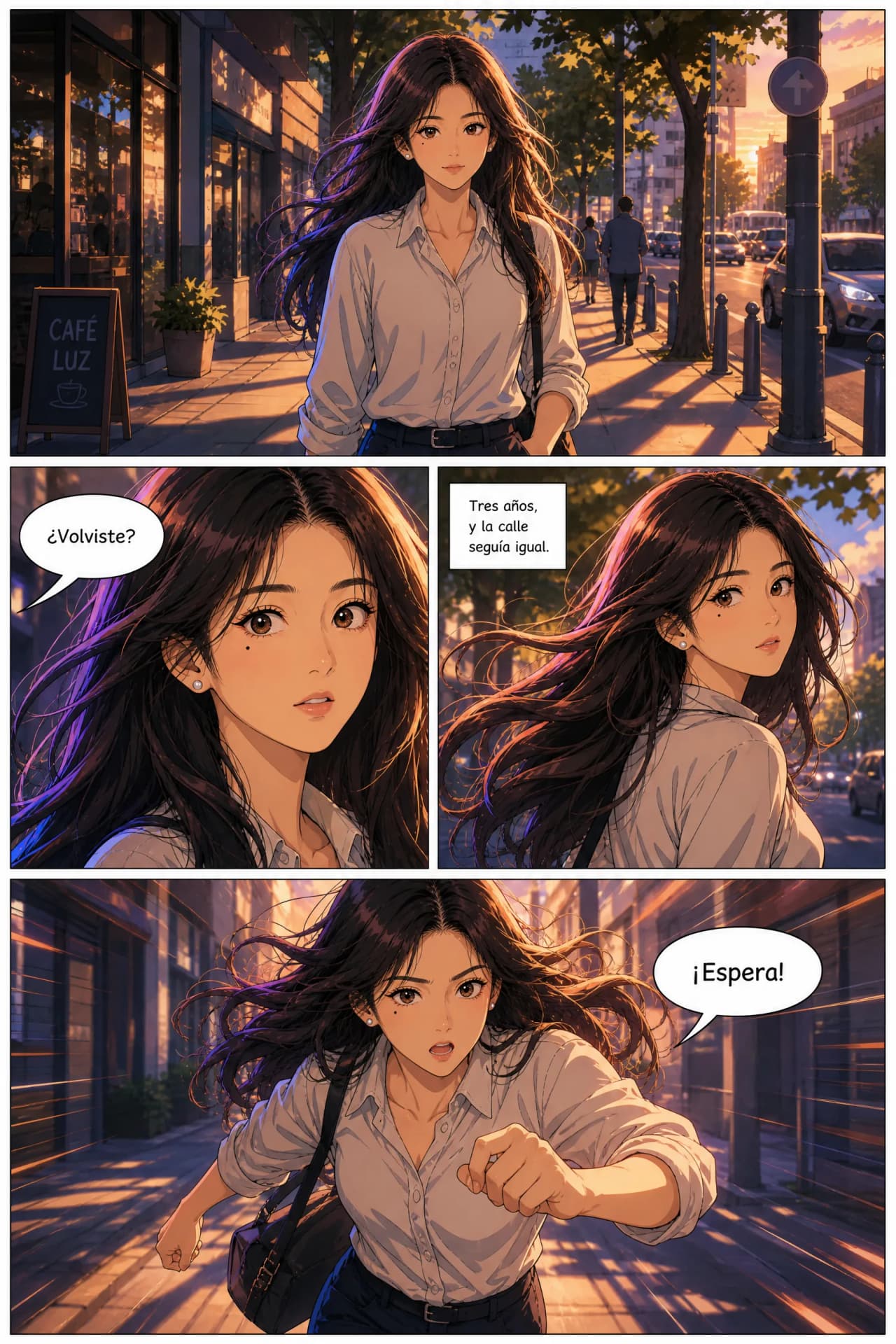 Página de cómic anime de cuatro viñetas con el mismo personaje y los diálogos rotulados en español