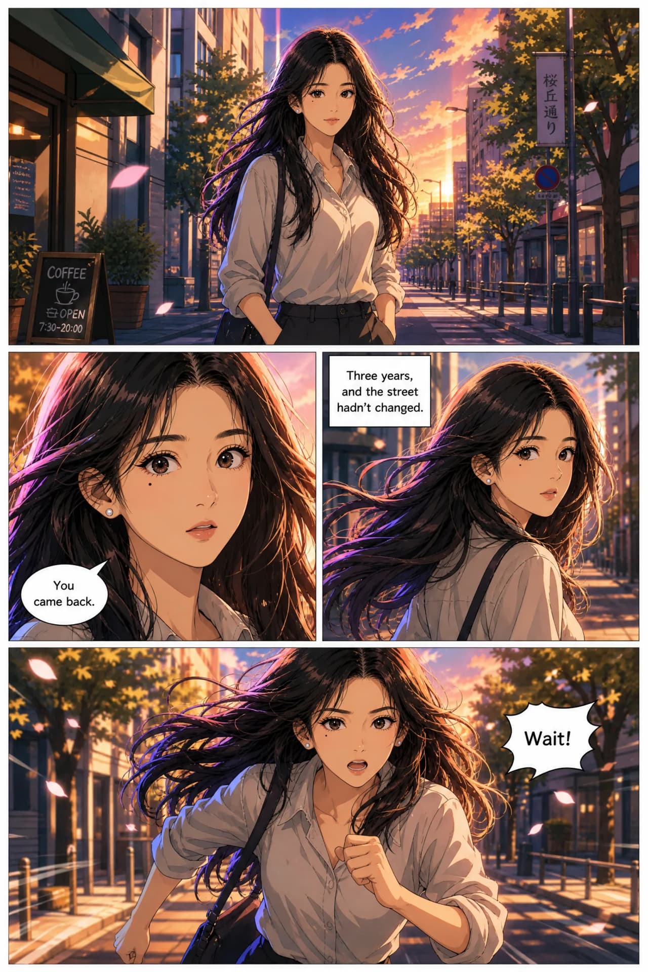 Four-panel anime comic page, the same character in every panel, with speech balloons and a caption box