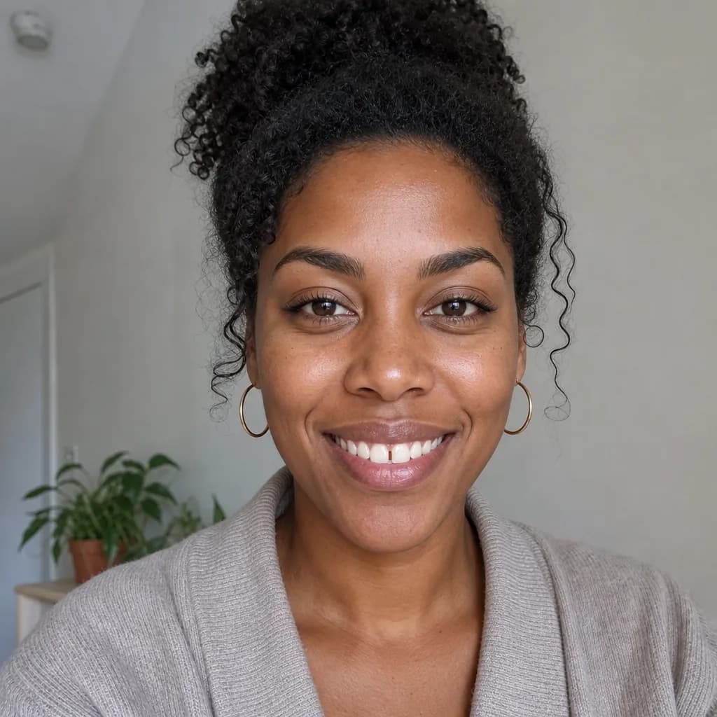 Photo of a woman with curly hair tied up, smiling at the camera