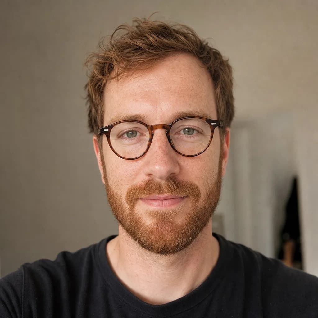 Foto de un hombre con gafas redondas y barba corta, mirando a cámara