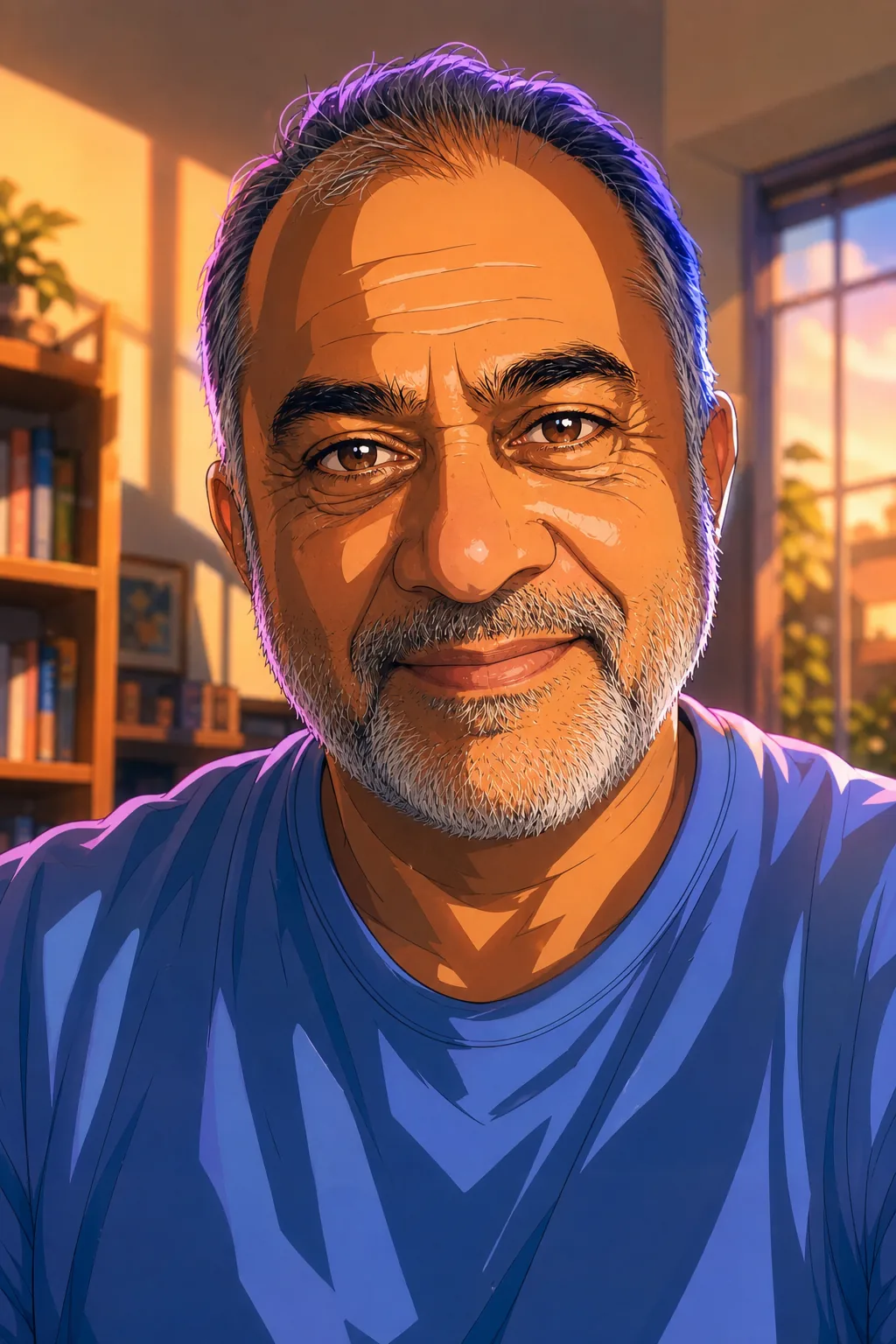 Anime portrait of the same older man, keeping his lined face and grey hair