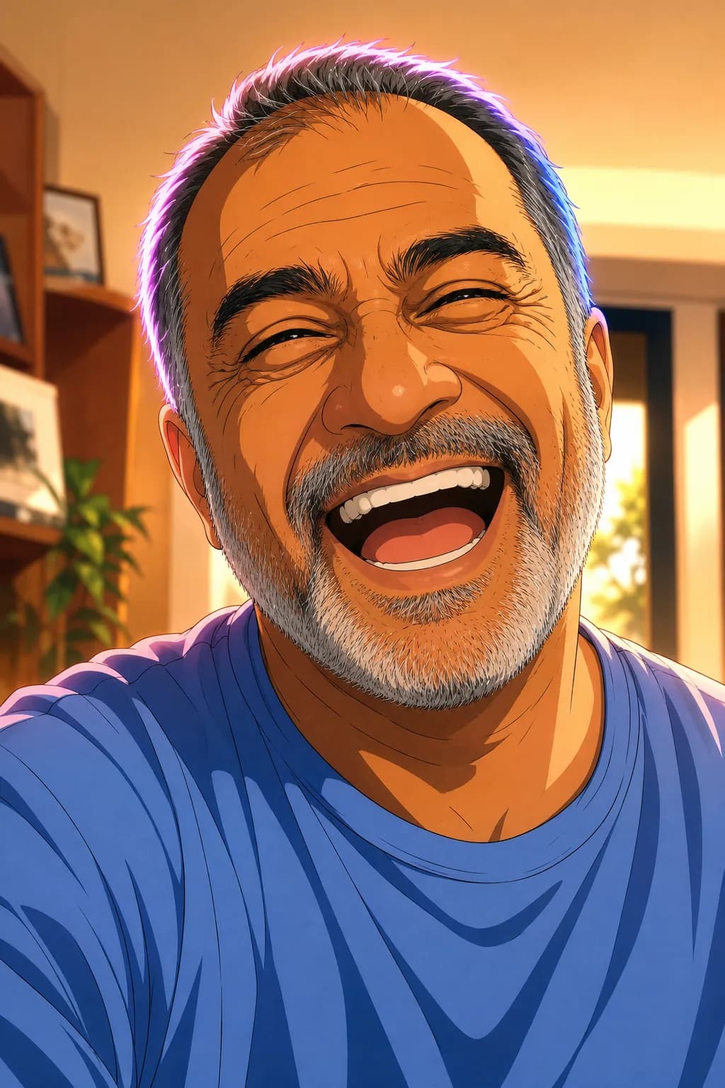 Anime portrait of the same older man smiling, warm light