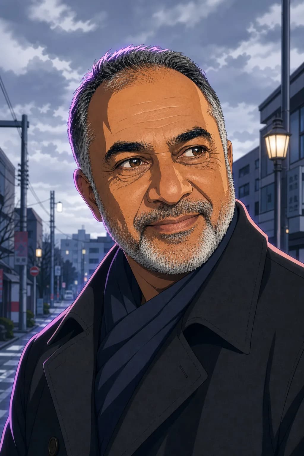 Anime portrait of the same older man in a different setting