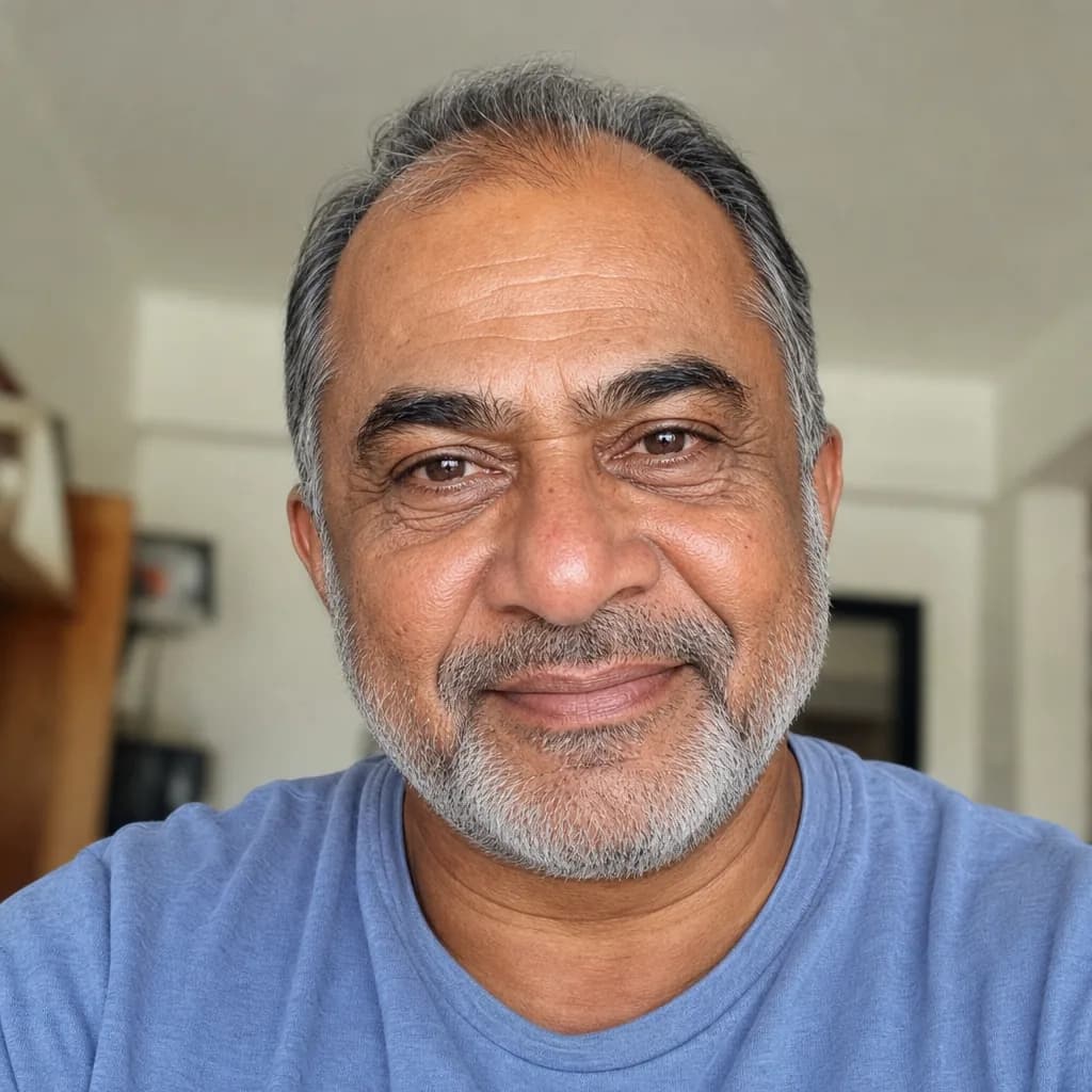 Photo of an older man with grey hair and a lined face, front-lit