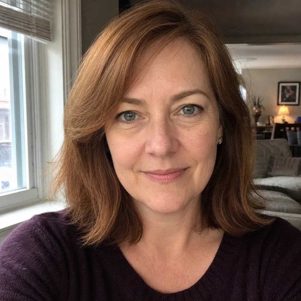 Photo of a woman near a window in soft indoor light, head and shoulders in frame