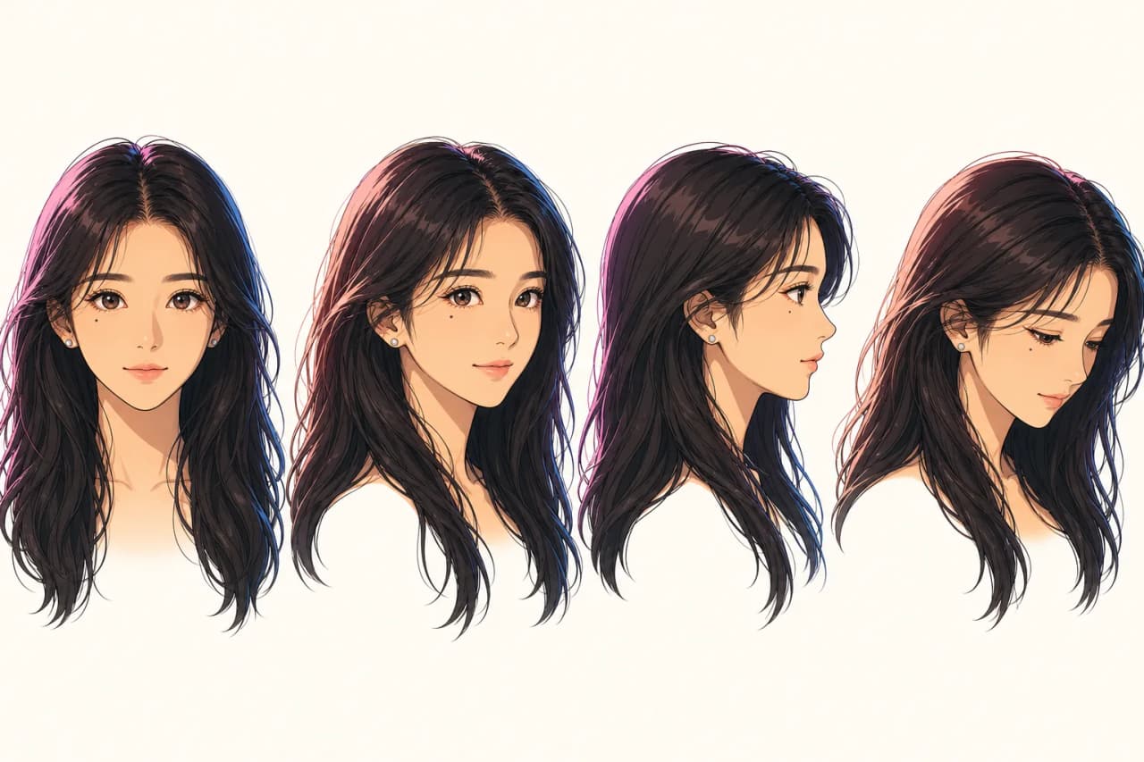 A character reference sheet showing one face from several angles with consistent features