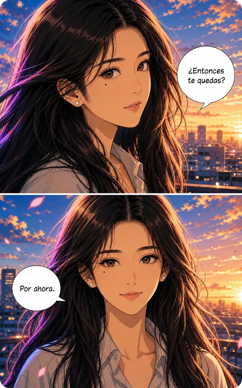 Dos viñetas de webtoon apiladas, la mujer en primer plano en ambas, con globos de texto en español
