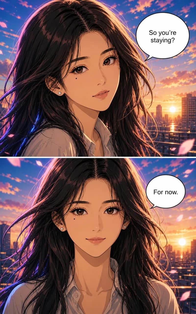 Two stacked webtoon panels, the woman in close-up in each, speech balloons reading “So you’re staying?” and “For now.”