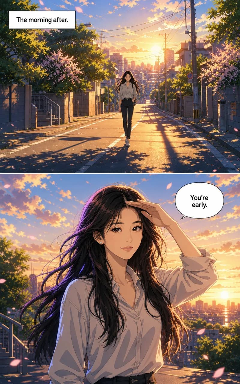 Vertical-scroll webtoon panels of the same anime character on a morning street, with a caption box and a speech balloon