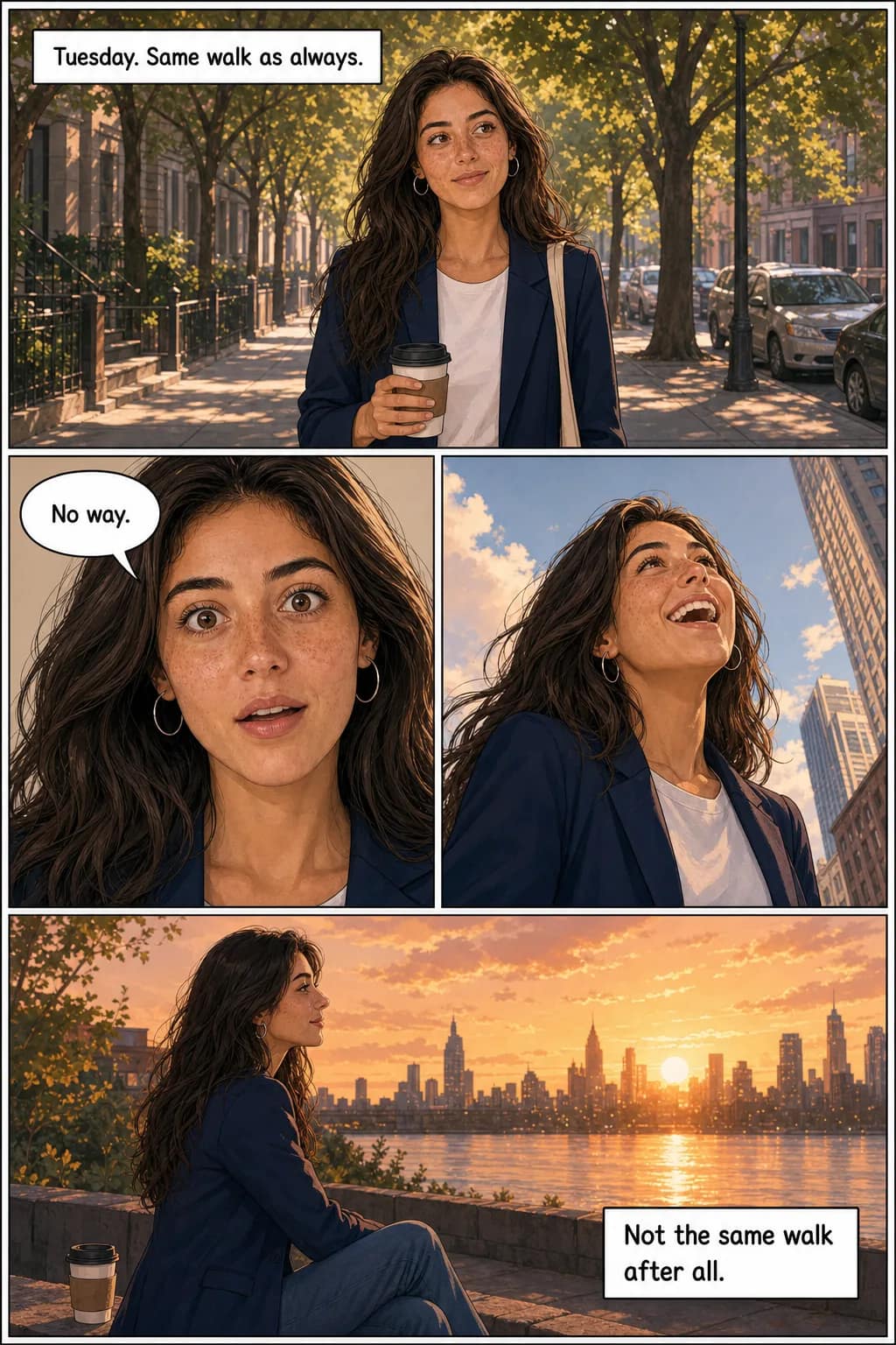 A four-panel comic page drawn from the photograph beside it — the same freckled woman in a navy blazer walks a sunlit street under a caption reading 'Tuesday. Same walk as always.', reacts in close-up with a bubble reading 'No way.', laughs in a low-angle shot, then sits watching a sunset under 'Not the same walk after all.'