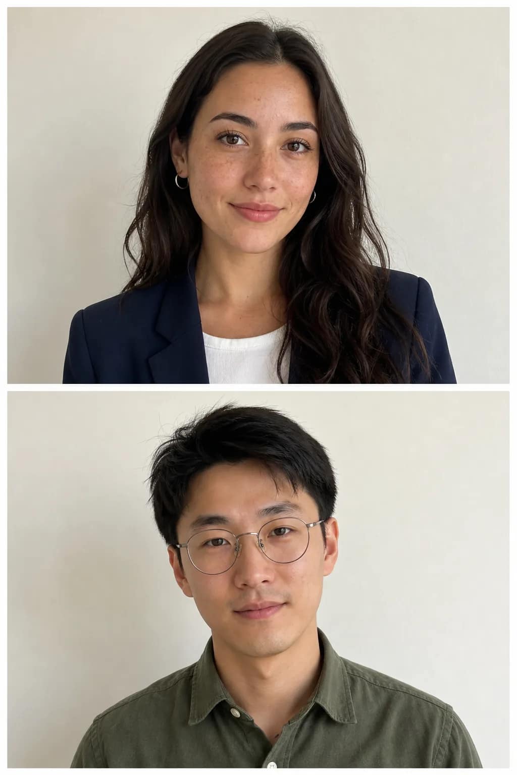 Two reference photographs stacked — a freckled woman with hoop earrings in a navy blazer above, a man with wire-frame glasses in an olive shirt below, both against plain light walls