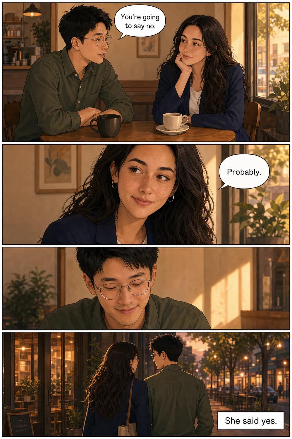 A four-panel comic page drawn from the two photographs beside it — in a cafe, the man in wire-frame glasses says 'You're going to say no', the freckled woman answers 'Probably', he looks down smiling, and they leave together under a caption reading 'She said yes.'