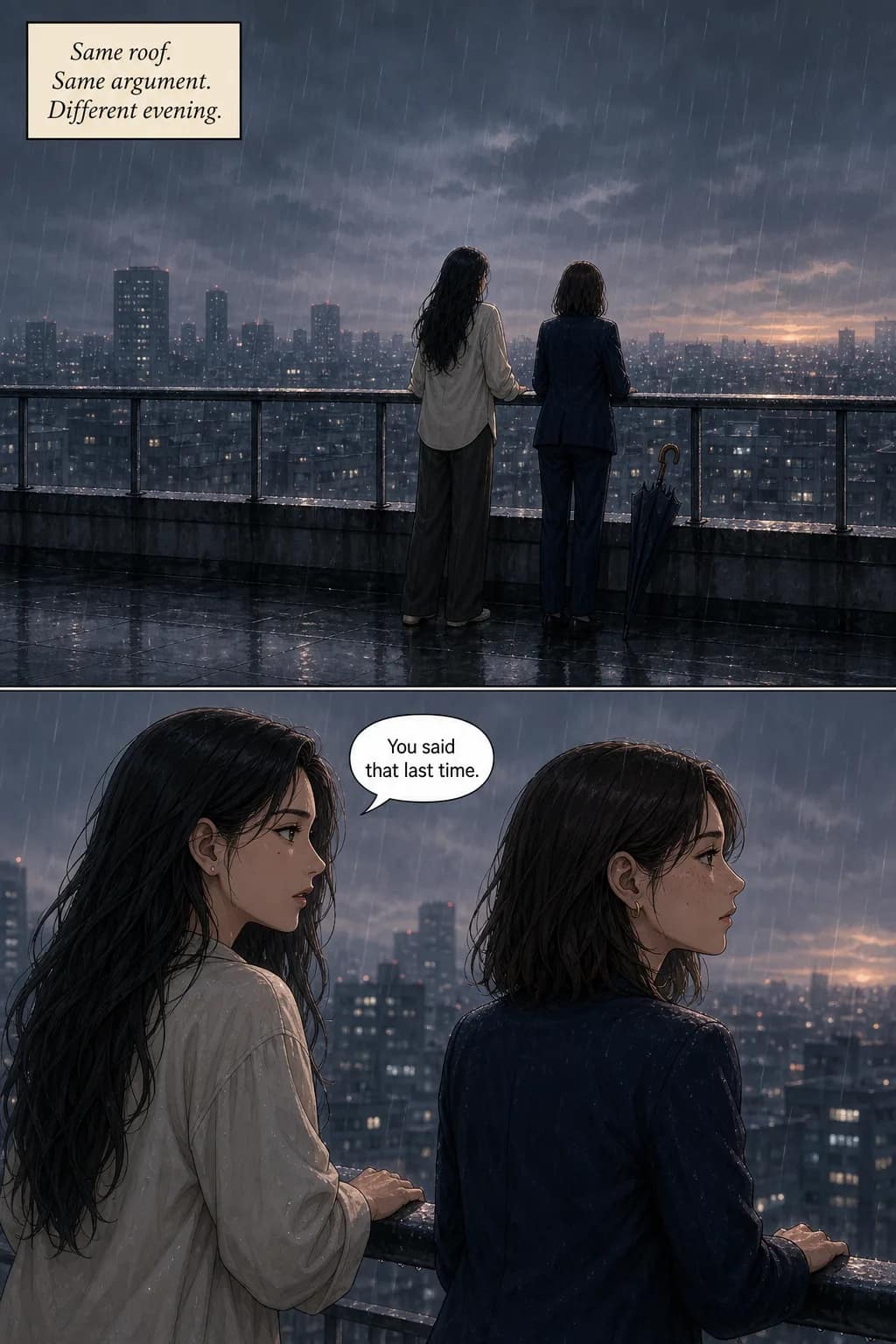 The same page regenerated in rain and overcast light, the same two characters in the same framing, balloon reading “You said that last time.”