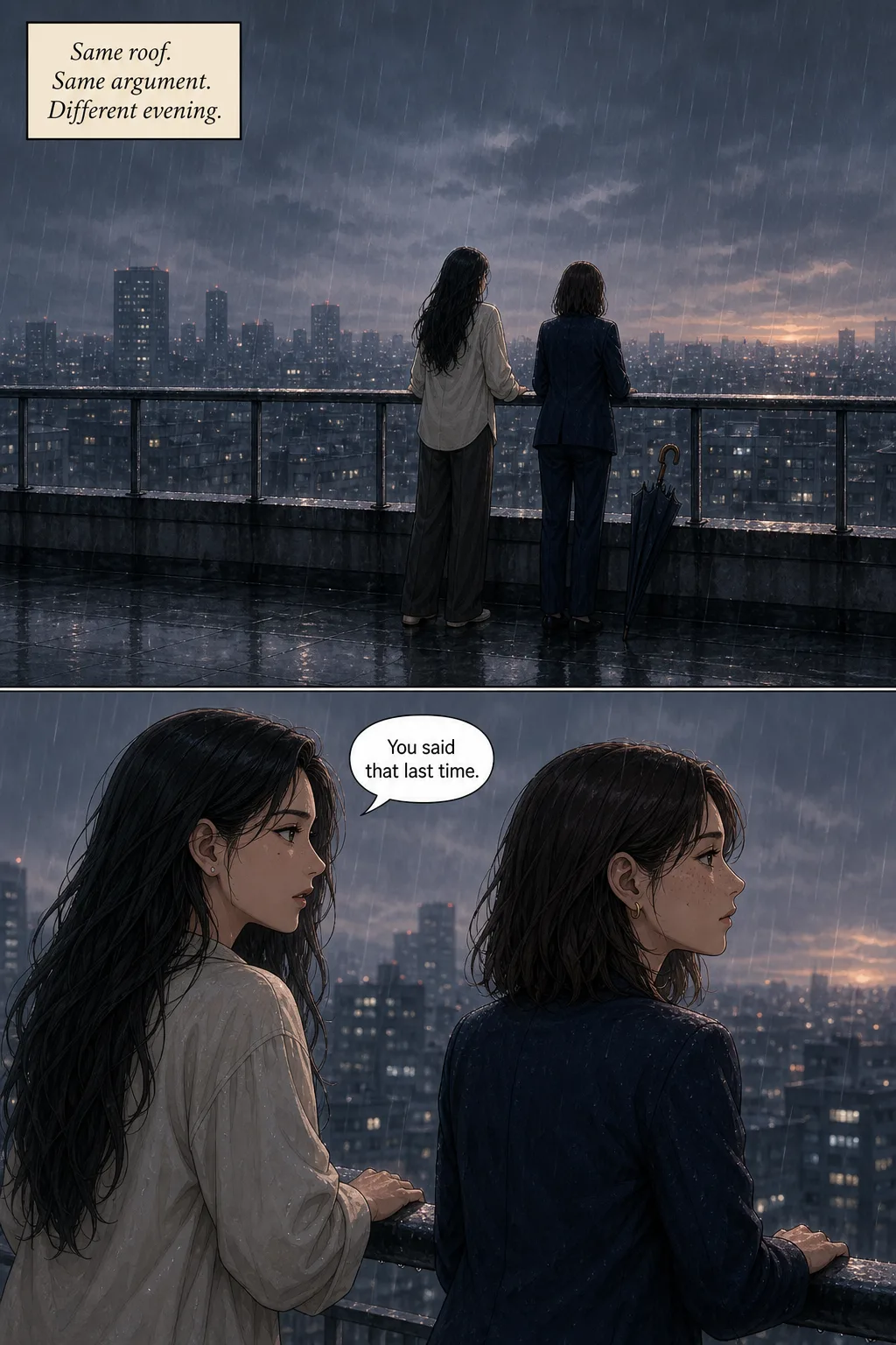 Two-panel vertical-scroll webtoon page. Mira, with long dark hair, and Mina, with a freckled bob and gold hoop earrings, stand at a rooftop railing in heavy rain at dusk, a folded umbrella beside them, city lights hazy behind.