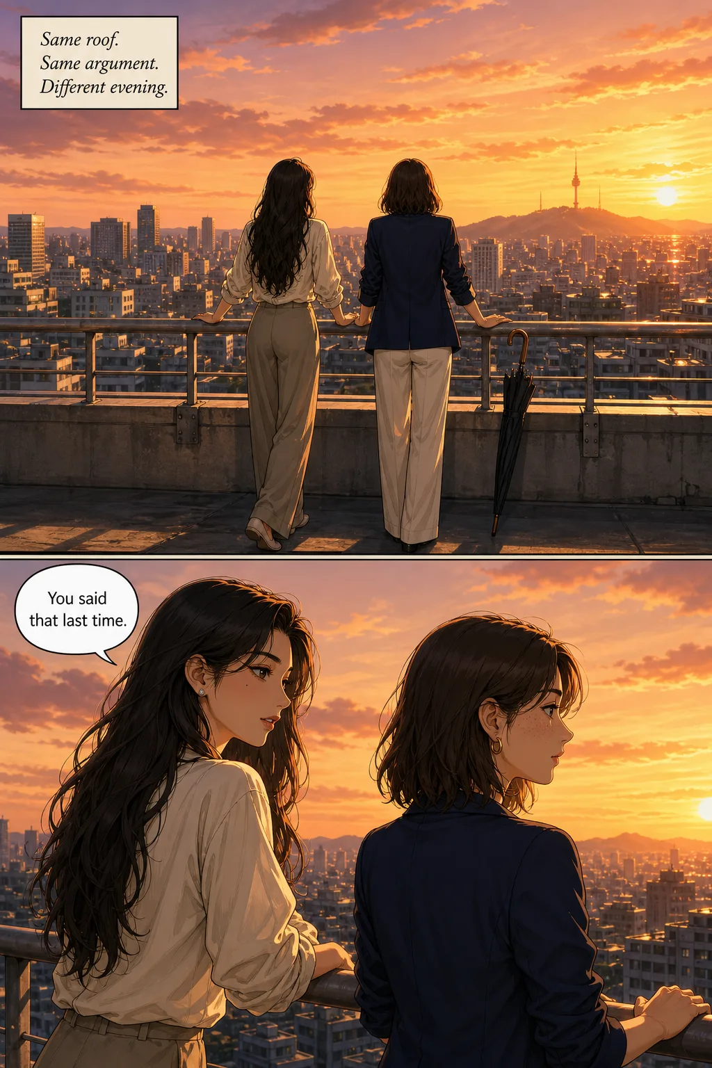 The same two-panel rooftop scene regenerated in golden-hour sunset light. Identical characters, positions, framing and dialogue; only the weather and lighting differ, and the folded umbrella now stands unused.
