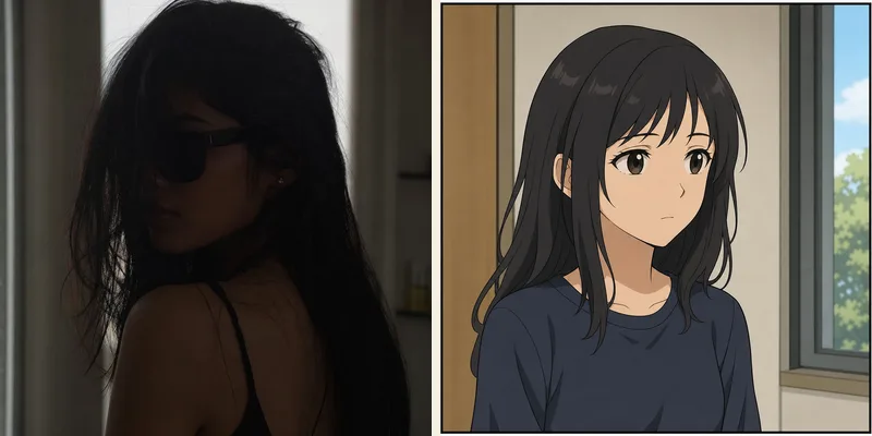 Poor reference photo example — side profile, sunglasses, low light obscure the face. The comic result loses the person's identity and looks generic.