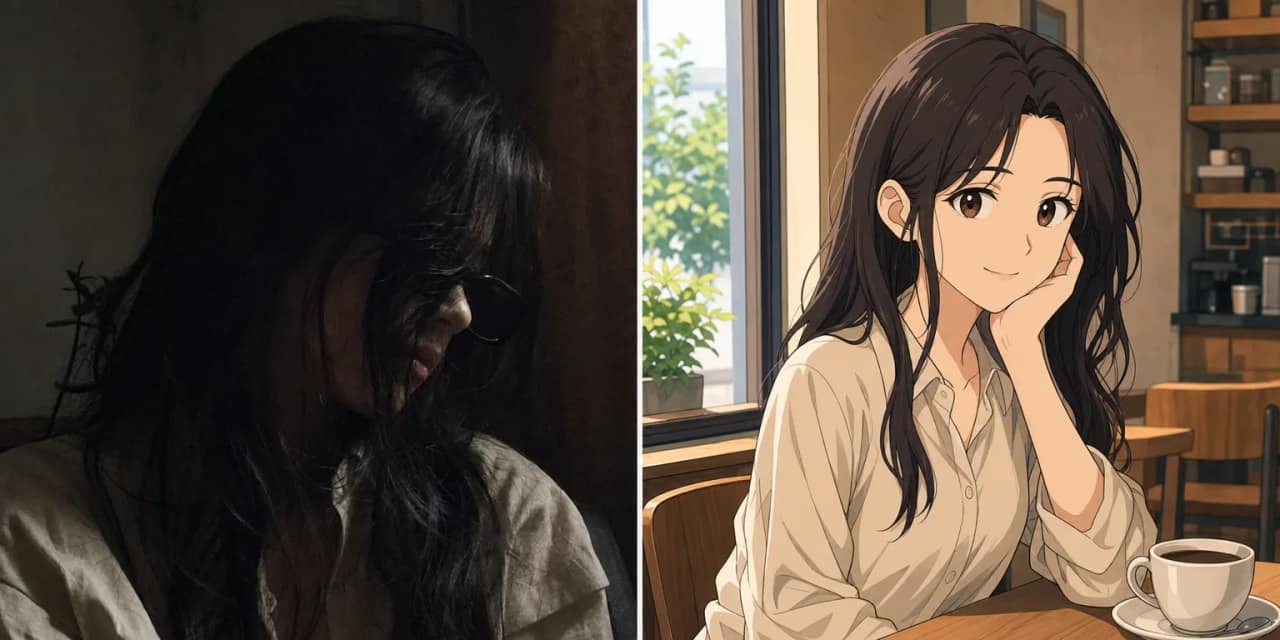 A dim photograph of a woman turned away in sunglasses beside a comic panel drawn from it — the panel shows a generic anime face with none of her features, plainly a different person.