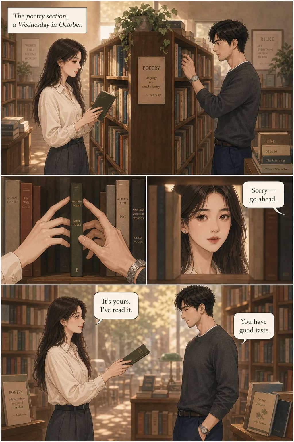 AI-generated comic panel 1 of a 4-panel character-consistency proof — protagonist Mira in a bookstore aisle, character reference locked. Same face and identity as panels 2-4.