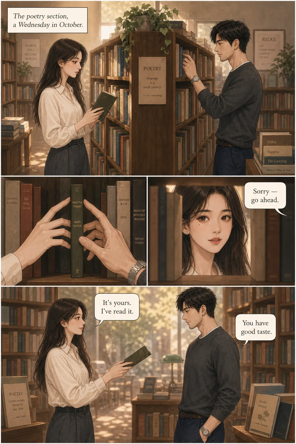 Generated manga panel of Mira in a bookstore, produced from the reference photo on the left. Same face, translated into manga style — proves the photo-to-manga transformation preserves character identity.