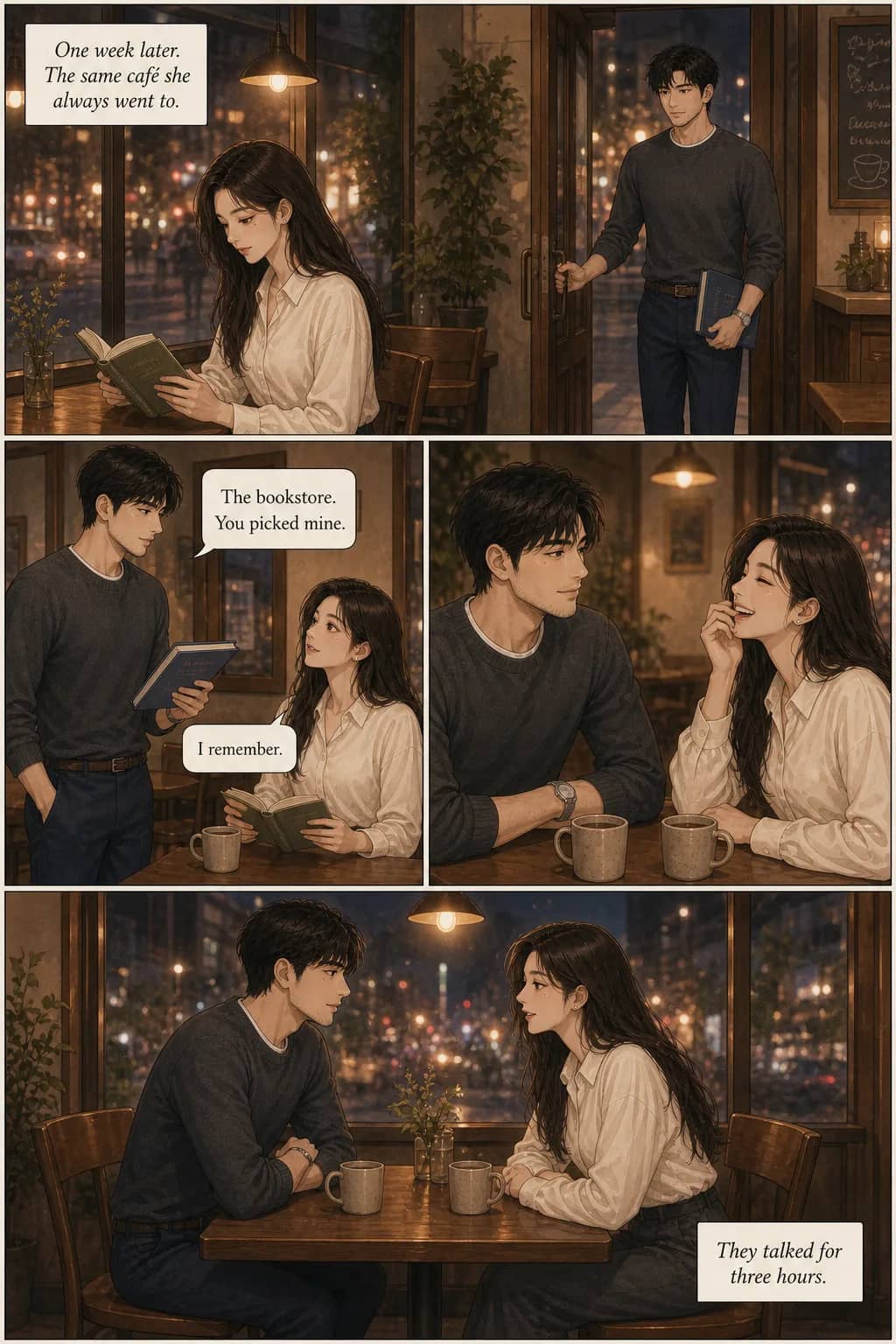 AI-generated comic panel 2 of the character-consistency proof — same protagonist Mira as panel 1, now in a café scene. Face, hair, and identifying features preserved across the scene change.