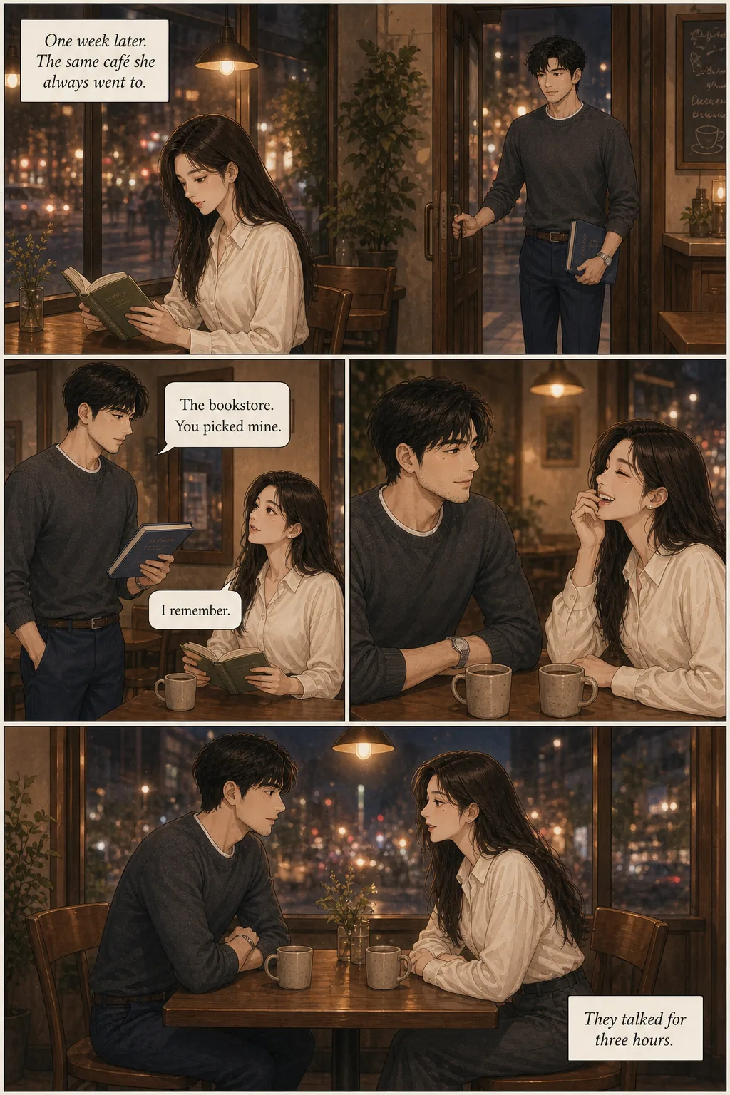 Mira mid-laugh at a café table, Kei watching her, warm evening light — first conversation. Same Mira and Kei across TaleAtelier's four-panel manga romance.