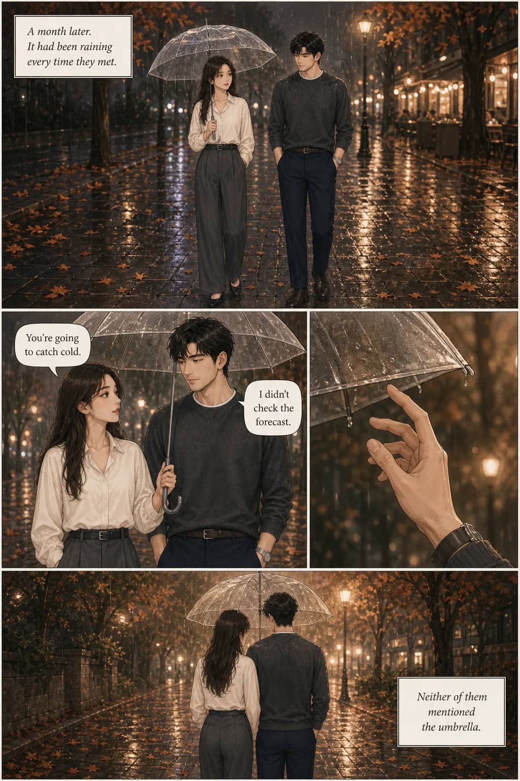AI-generated comic panel 3 — same protagonist Mira as panels 1 and 2, now in a rain scene. Character identity holds across weather and lighting changes.