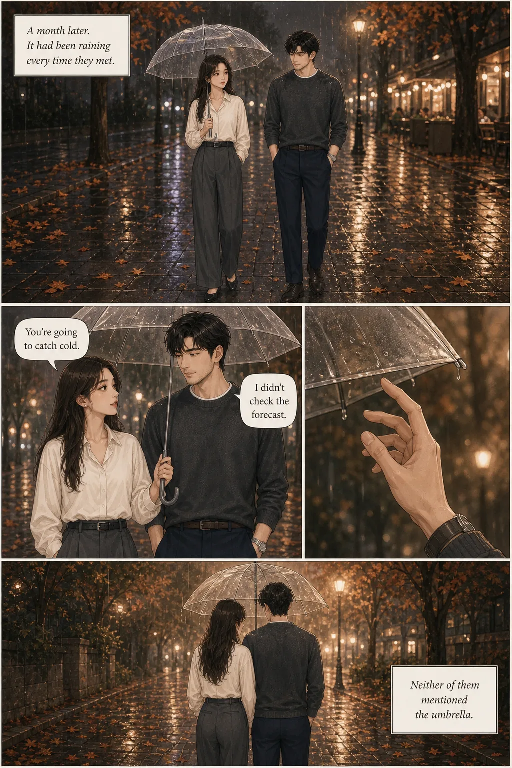 Mira and Kei walking together under one umbrella on a rainy city street at night — the pivot moment. Same characters, third panel of TaleAtelier's manga romance sequence.