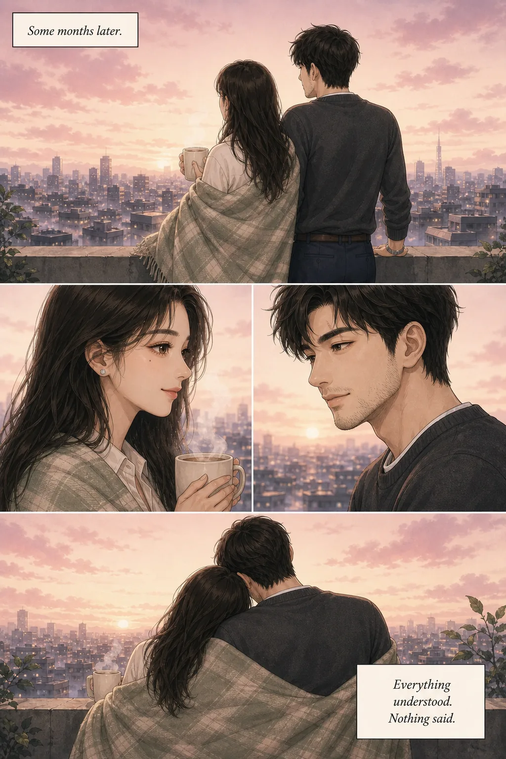 Mira and Kei at a rooftop railing at dawn, quiet two-shot — the resolution. Same faces across all four panels of TaleAtelier's manga romance story.