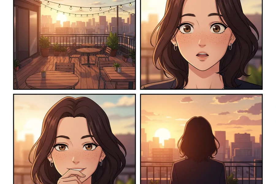 Four-panel comic sequence starring Mina — same face, same jacket, same freckles across every panel. This is the character consistency TaleAtelier locks.