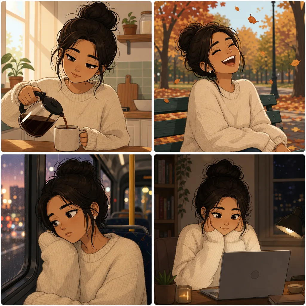Four comic panels of the same woman in a cream sweater with her hair in a bun — pouring coffee in a kitchen, laughing on a park bench, resting against a bus window at dusk, and working at a laptop at night