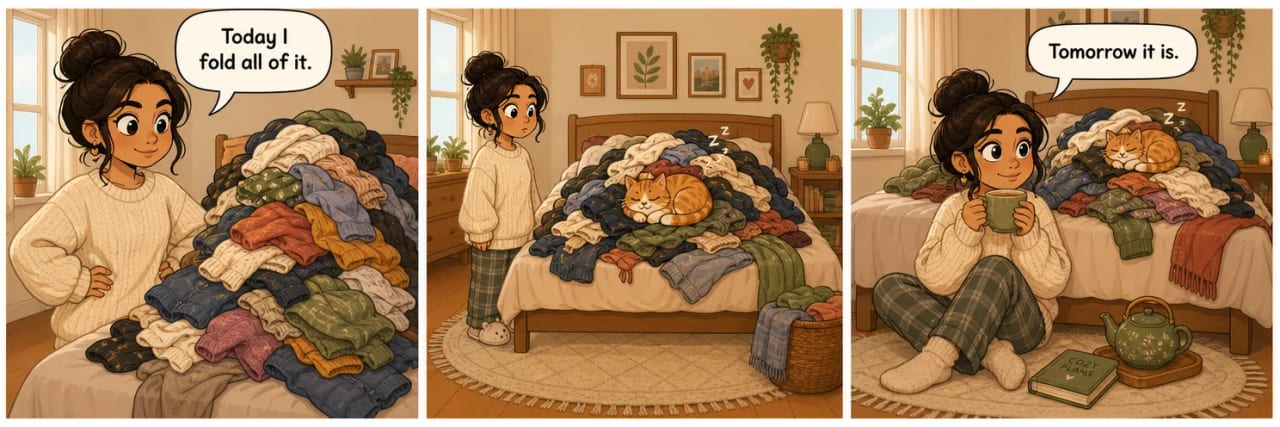 Three-panel comic strip: a woman faces a huge pile of laundry saying 'Today I fold all of it'; a cat is asleep in the middle of it; she sits on the floor with tea saying 'Tomorrow it is.'