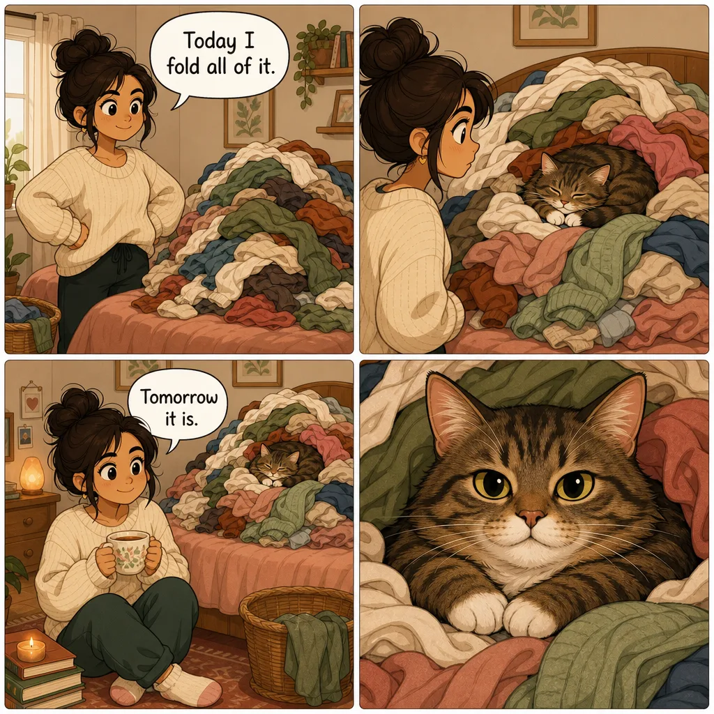 The same laundry joke in four panels, ending on a close-up of the cat looking directly at the reader, entirely unbothered