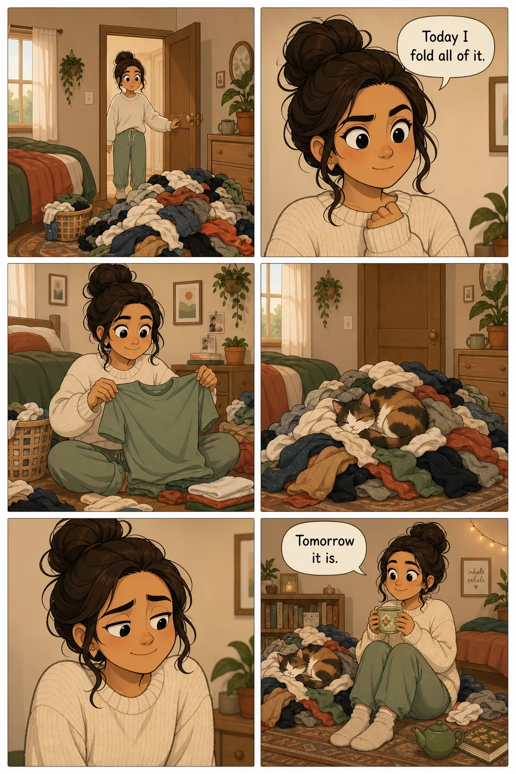 The same laundry joke across six panels, adding the door opening, the first shirt folded, and a beat on her face before the ending
