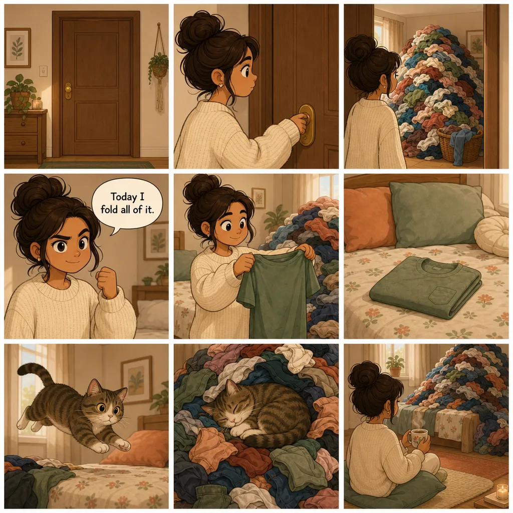 The same laundry joke as nine small square panels, most of them silent — a hand on a door handle, one folded shirt, the cat mid-leap