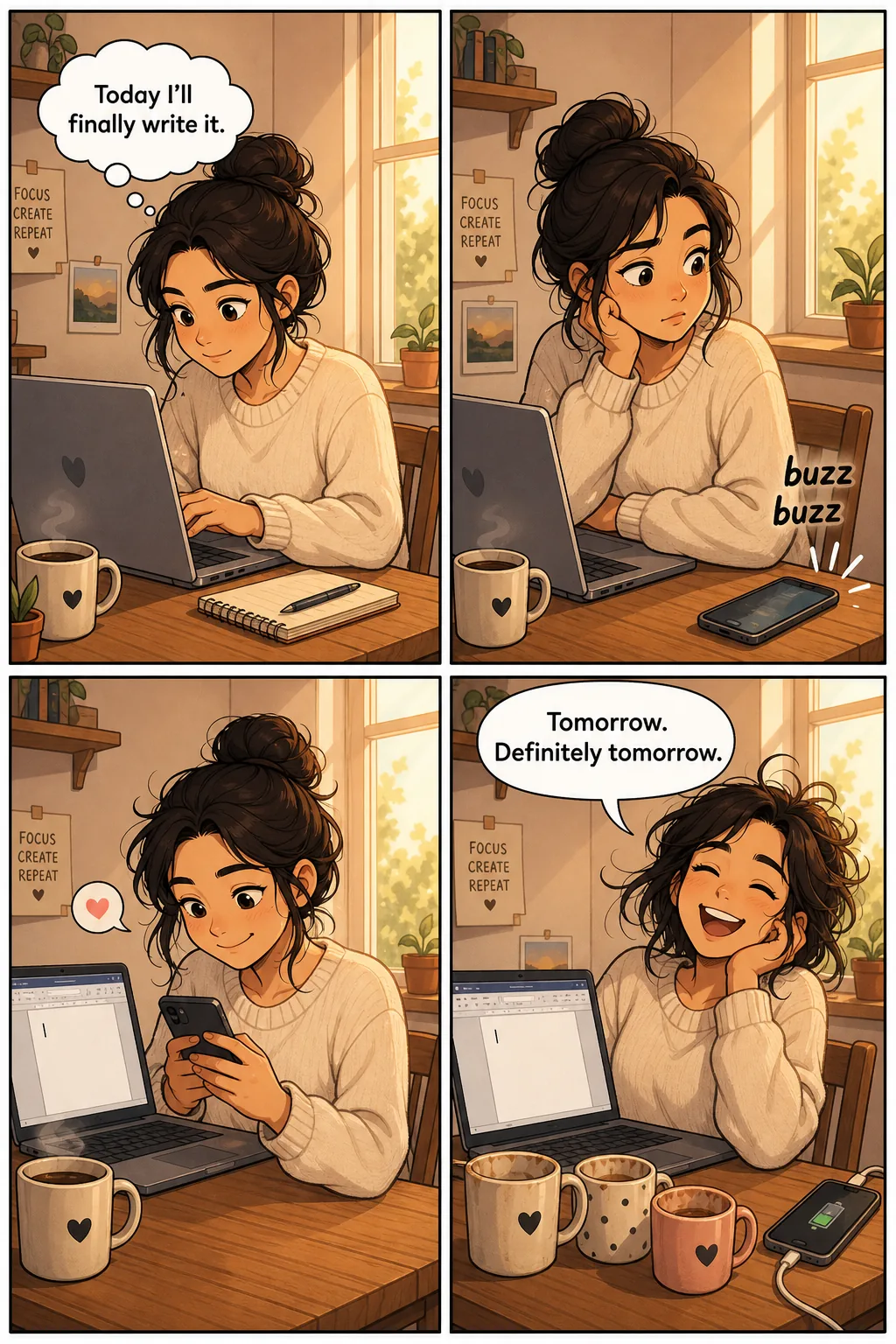 Sample AI Panel 1: sitting at desk with laptop, 'Today I'll finally write it.' Panel 2: distracted by phone buzzing. Panel 3: scrolling phone with guilty smile. Panel 4: three empty coffee mugs, laughing, 'Tomorrow. Definitely tomorrow.' Demonstrates character consistency in a multi-panel strip.