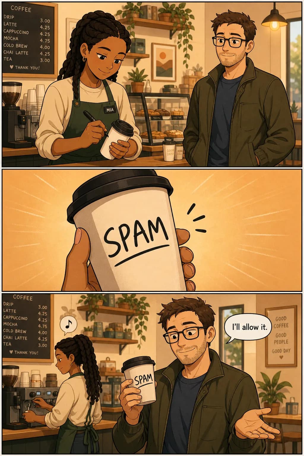 Sample everyday-life 3-panel comic strip — barista misspells 'Sam' as 'SPAM' on a coffee cup; customer shrugs and accepts it with 'I'll allow it.' Warm cafe color palette.