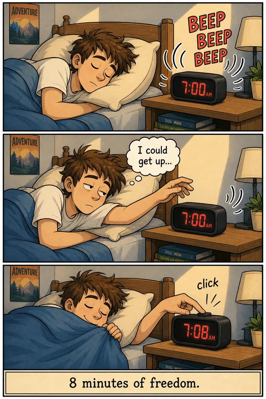 Sample slice-of-life gag 3-panel comic strip — character Alex hits alarm snooze on morning wake-up; 'I could get up...' thought bubble; caption '8 minutes of freedom.' Classic newspaper-strip palette.