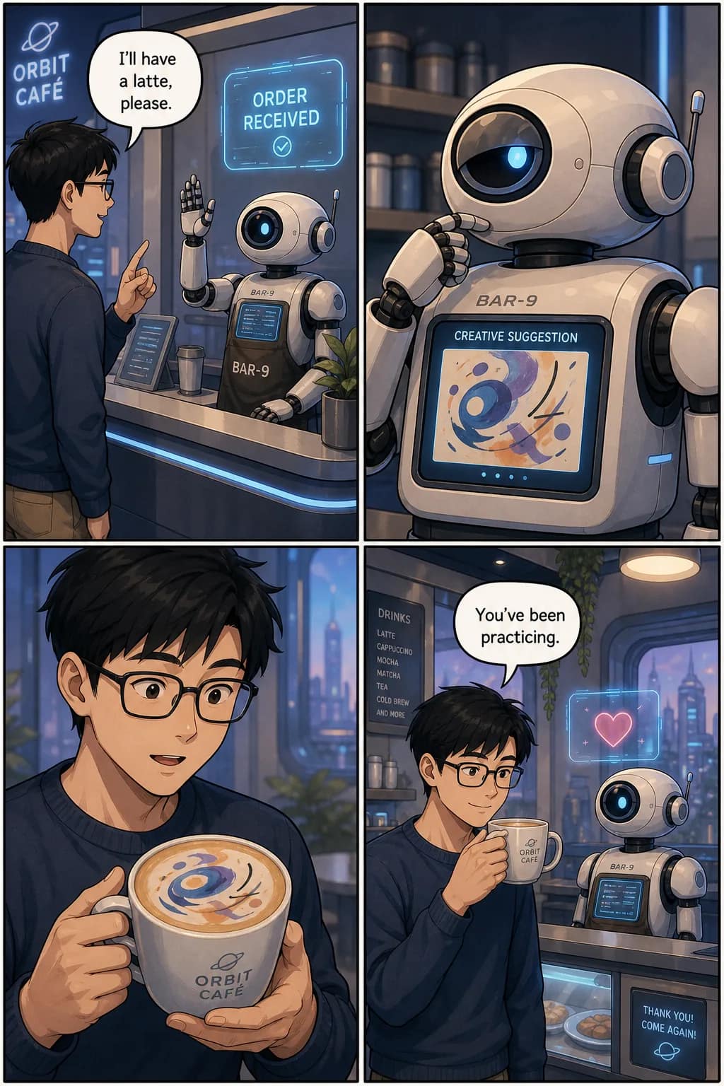Sample sci-fi 4-panel comic strip — human customer Lin orders coffee from BAR-9 robot barista; robot delivers latte with abstract latte art; Lin smiles 'You've been practicing.' Soft blue-purple sci-fi palette.