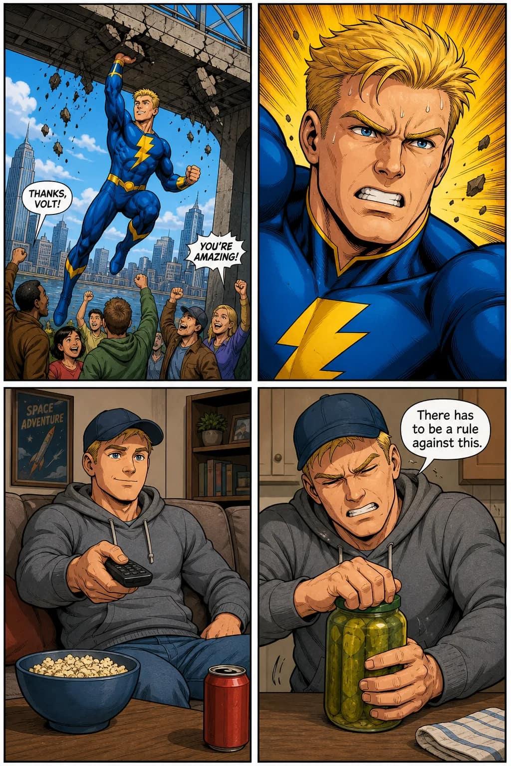 Sample superhero 4-panel comic strip — Volt saves collapsing bridge as superhero; casual civilian version can't open a pickle jar; 'There has to be a rule against this.' Classic Marvel-era color palette.