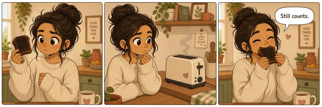 Three-panel strip in warm cartoon style: a woman inspects burnt toast, glances at the smoking toaster, and eats it anyway saying 'Still counts.'