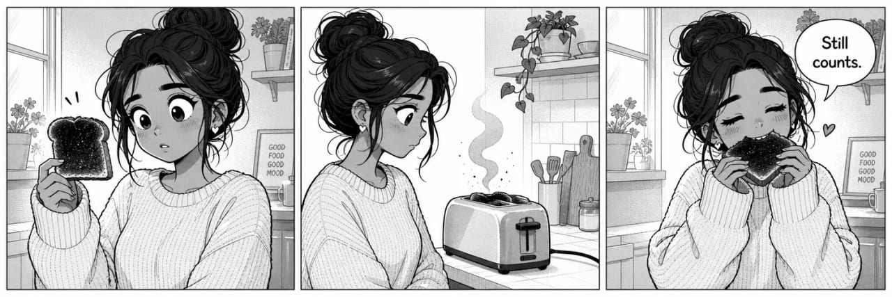 The same burnt-toast strip in black-and-white manga style, shading built from screentone dot patterns