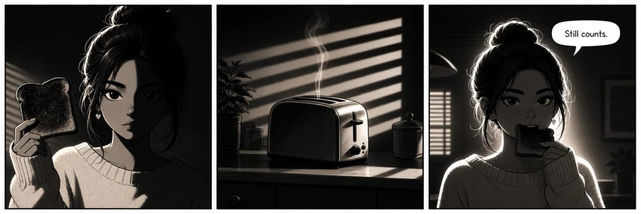 The same burnt-toast strip in film-noir style, high-contrast monochrome with venetian-blind shadows across the kitchen wall
